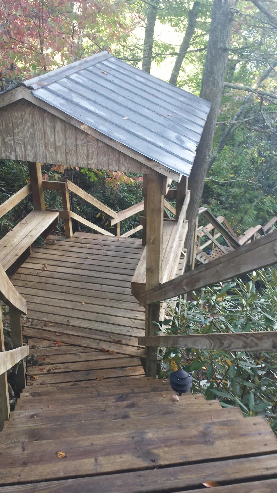 Metal roofed shelter over wooden steps on a wooded walkway — Skylight Repair & Installation work by our crew in Maitland